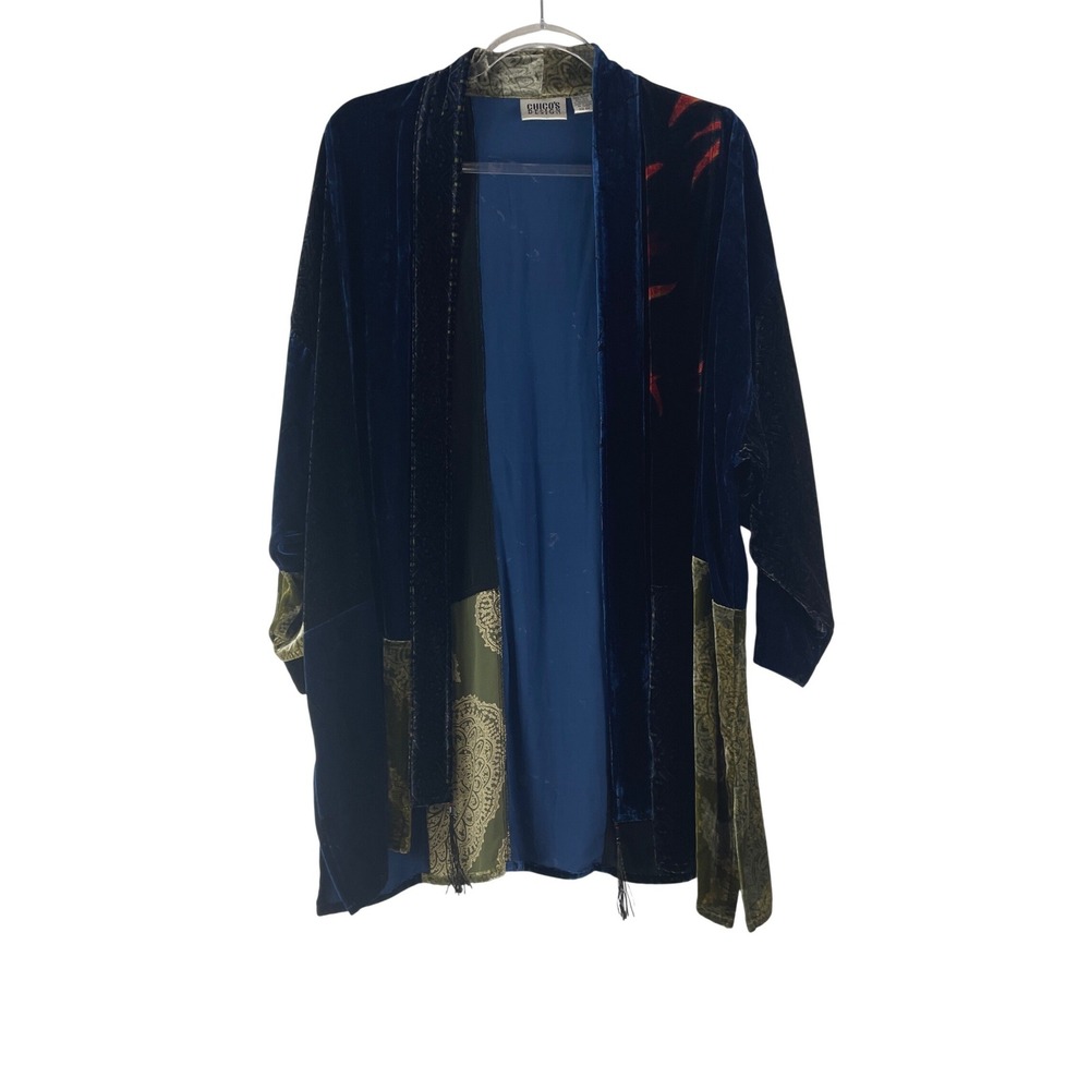 Chico's Design Kimono Jacket Women SM Blue Velvet Silk Blend‎ Patchwork Tassel